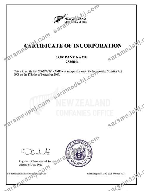 New Zealand certificate of incorporation Word and PDF template